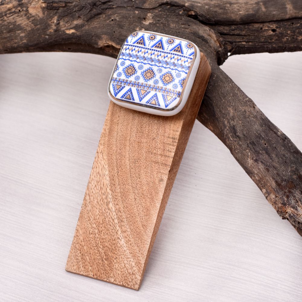 Blue Border Design Square Ceramic Wooden Door Stoper
